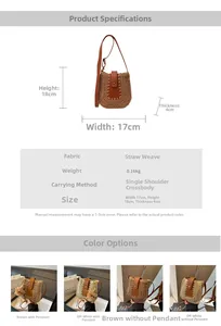 Size chart showing 18x17x4cm dimensions and specifications for the straw woven bucket bag