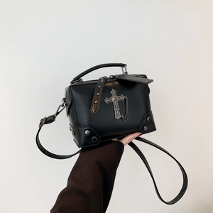 Gothic Punk Women PU Leather Crossbody Bag Skull Cross Metal Rivet Chain Box Handbag Y2K Aesthetic Shoulder Purse