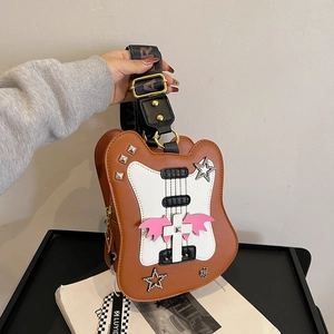 Fashion Guitar Shaped Crossbody Bag For Women Punk Gothic PU Leather Single Shoulder Bag With Rivet Star Decor Streetwear Purse