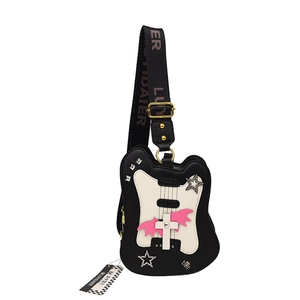 Guitar-shaped crossbody bag with punk studs, rhinestone stars and pink bat wing details