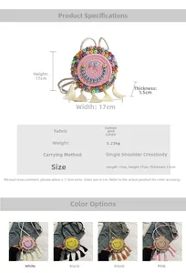 Detailed dimensions and color options for the woven round smiley face crossbody bag