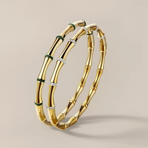 Western Style Stainless Steel Bamboo Knot Bangle Gold Plated Rhinestone Inlaid Fashion Commute Jewelry Bracelet For Women