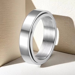 Macro detail of silver stainless steel ring showing brushed texture and polished surface