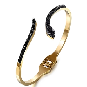 Bracelet Jonc À Charnière En Forme De Serpent En Acier Inoxydable Avec Strass Bijoux De Mode Pour Femmes Plaqué 18K