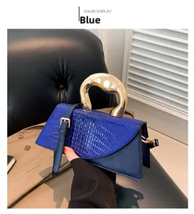 Détail du sac bleu avec texture crocodile et poignée ronde dorée au style liquide