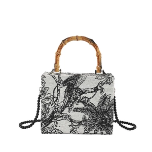Chic Toile de Jouy fabric tote bag with bamboo handle and black beaded shoulder chain