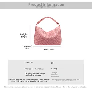 Detailed size chart for woven PU leather shoulder bag showing 17cm height and 30cm width