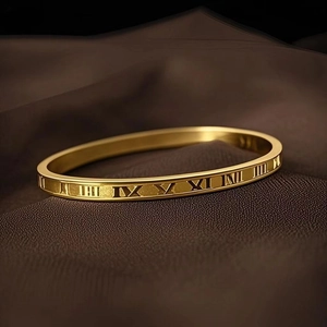 Roman Numeral Engraved Bangle 18K Gold Plated Stainless Steel Waterproof Minimalist Jewelry For Women