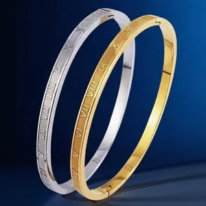 Minimalist Roman Numeral Stainless Steel Bangle Bracelet 18K Gold Plated Fashion Jewelry For Women Elegant Accessory