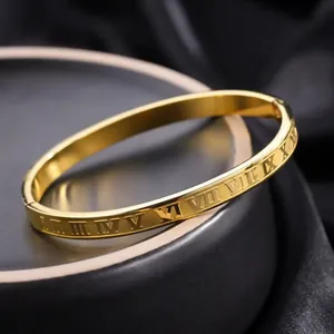 Minimalist 18K gold plated stainless steel bangle featuring engraved Roman numerals