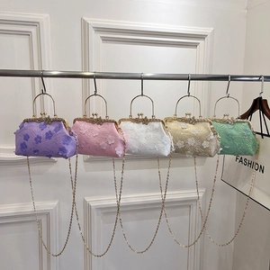 Elegant floral lace evening clutch bag with pearl accents and gold chain strap in five colors