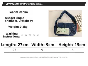 Detailed size chart and washing instructions for the vintage denim shoulder bag