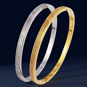 Bracelet Jonc Gravé Chiffres Romains Acier Inoxydable Plaqué Or 18K Bijou Mode Simple Ne Décolore Pas Femme