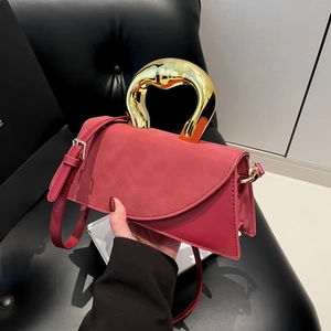 Geometric PU Leather Handbag With Asymmetric Flap And Sculptural Gold Metal Handle Fashion Office Crossbody For Women