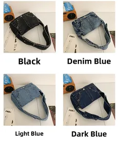 Detail shot of denim underarm bags featuring waist-style design in four vintage washes