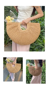 Detailed macro of a French minimalist straw moon bag with round handles for beach vacations