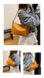 Detail of caramel woven leather shoulder bag with fine texture and slim strap