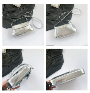 Silver glossy patent leather baguette bag shown from front back side and bottom angles