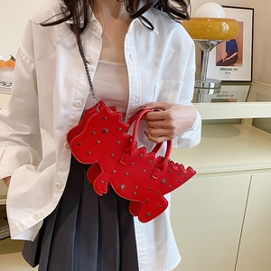 Red dinosaur leather crossbody bag with silver rivets and metal chain strap for women