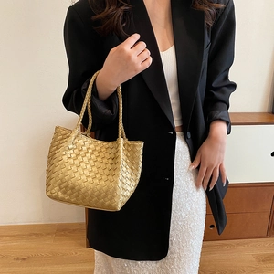 French style woven golden top handle handbag for women with champagne leather texture