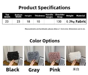 Size chart for fabric crossbody bag with ruffle details and chain strap measurements