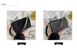 Detail view of mini rhinestone crossbody bags in black and silver with chain straps