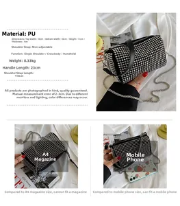 Detailed view of rhinestone bucket bag with dimensions and size comparison to a smartphone