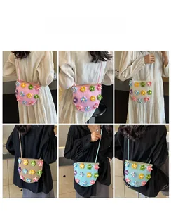 Detailed grid view showing four colors of handmade crochet floral crossbody bags on models