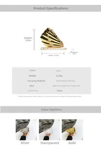 Detail view of shell-shaped acrylic crossbody bag with dimensions and chain strap specs