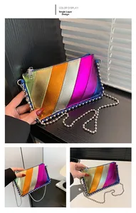 Detailed view of single-layer colorful metallic patchwork crossbody bag with bead chain
