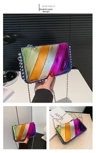 Detail of double layer style rainbow metallic leather crossbody bag with silver bead trim