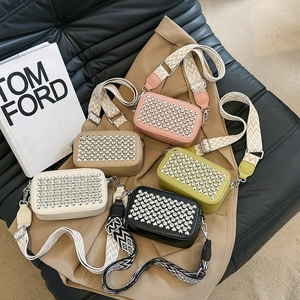 Sparkly rhinestone mini square bags with wide patterned straps in five vibrant colors