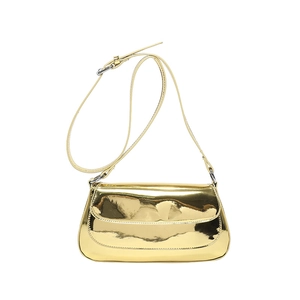 Glossy gold mirror finish shoulder bag for women with adjustable strap and sleek curved bottom
