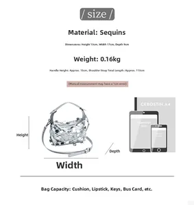 Silver sequin small square bag detailed dimensions with 17x13x9 cm size specifications