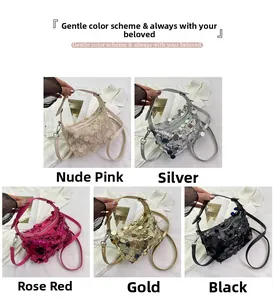 Close-up of sparkling sequin handbags in pink silver rose gold and black colors