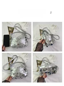 Macro detail of sparkling silver sequin crossbody bag from multiple angles with size reference