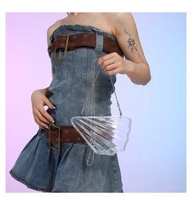 Detailed view of a transparent shell-shaped clutch bag with a metallic chain strap
