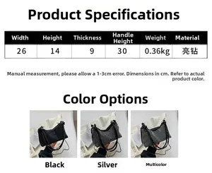 Detailed size specifications for a sparkling rhinestone shoulder bag in three colors