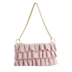 Pink pleated ruffle shoulder bag with gold chain strap for women, casual and sweet style