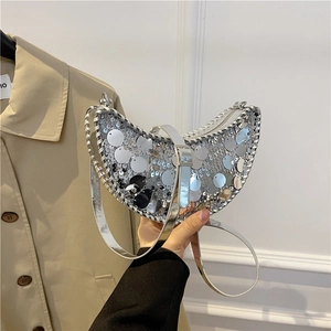 Sac Bandoulière Croissant À Paillettes Pour Femmes Sac À Main Hobo À Chaîne Métallique Pour Soirée Fête Mode Quotidienne