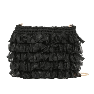 Black ruffled crossbody bag with layered organza fabric and gold chain strap