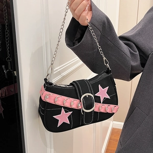 Detailed view of Y2K black canvas shoulder bag with pink stars and silver chain strap