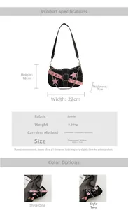 Detail view of black suede Y2K shoulder bag with pink star patches and metal chains