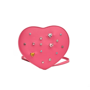 Pink heart-shaped crossbody bag with colorful rhinestones and silver star rivets