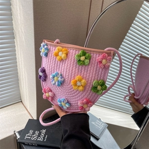 Handmade Woven Crossbody Bag Cotton With Colorful 3D Crochet Flowers Summer Beach Sweet Bucket Pouch For Women