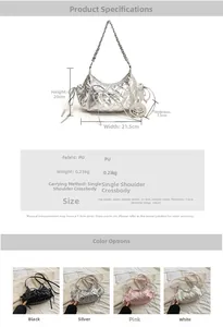 Detailed product dimensions and color options for the quilted silver shoulder bag