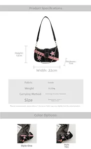 Size guide for Y2K suede shoulder bag with star patches and metal chain detail