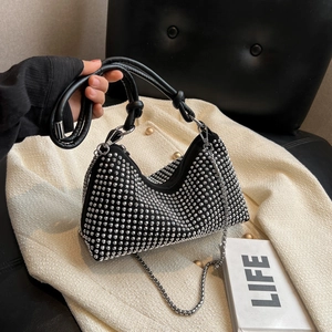 Sparkly Rhinestone Underarm Shoulder Bag For Women PU Leather With Metal Chain Strap Fashion Party Y2K Hobo Bag