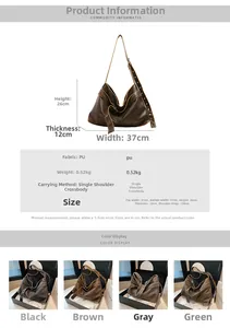 Detailed chart showing PU leather handbag dimensions and color options in a clean layout