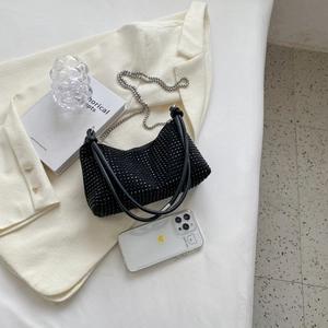 Chic black rhinestone underarm shoulder bag with silver chain and dual handles